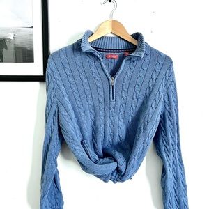 Cableknit Mock-neck Collared Half Zip Sweater Light Blue